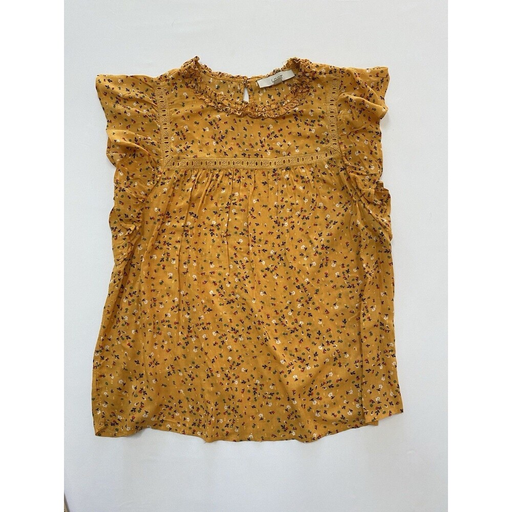 Loft Mustard Yellow Floral Flutter Sleeve Blouse Ruffle Neck Boho Ditsy Print L
